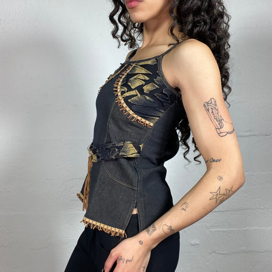 Vintage 2000's Boho Dark Denim Belted Cami Top with Orange and Yellow Embroidery Accents (XS)