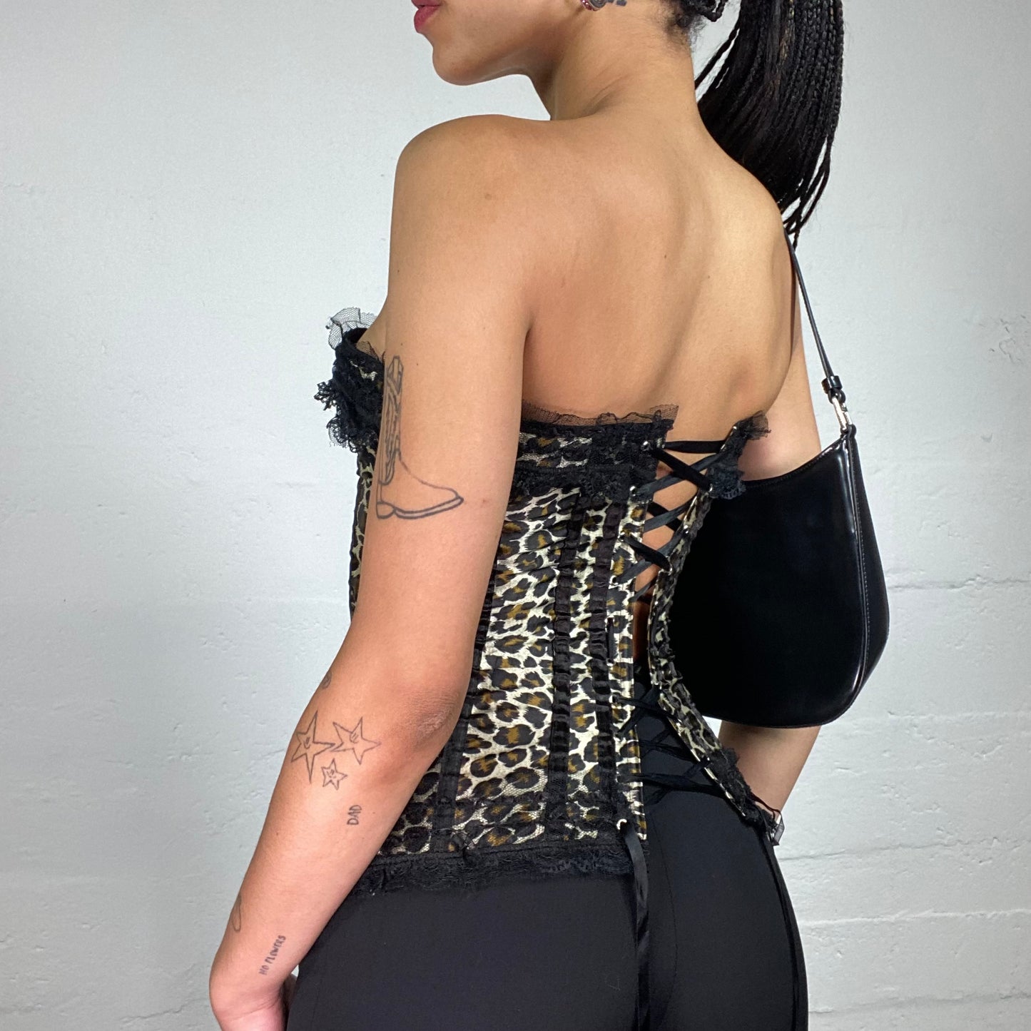 Vintage 2000's Glamorous Party Leo Printed Silky Corset Top with Black Lace Decorations (S)