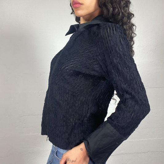 Vintage 2000's Classy Black Textured Embroidery Zip Up Collared Shirt (S)