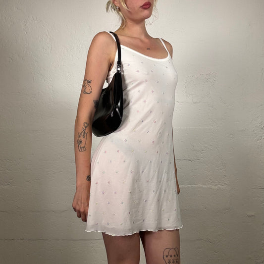 Vintage 2000's Fairy Core Creme White Chiffon Mini Dress with Small Flower Emboridery (S)