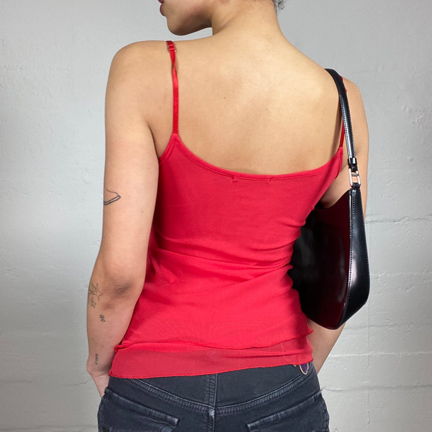 Vintage 2000's Glamorous Red Shiffon Layered Cami Top with Silver Shiny Details (S)