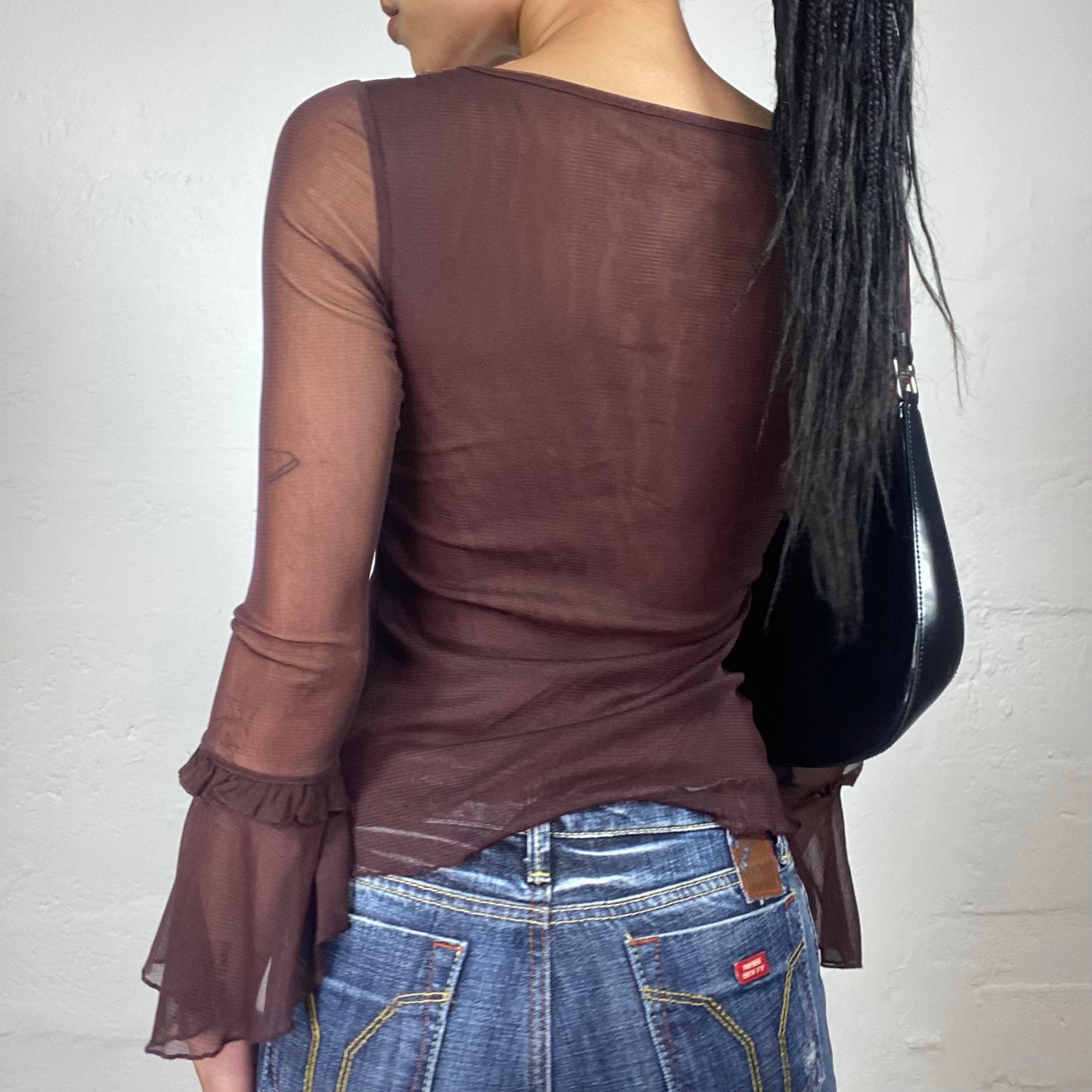 Vintage 2000's Boho Girl Brown Longsleeve Mesh Layered Flared Sleeves Top with Silver Sequin Decorations (S)