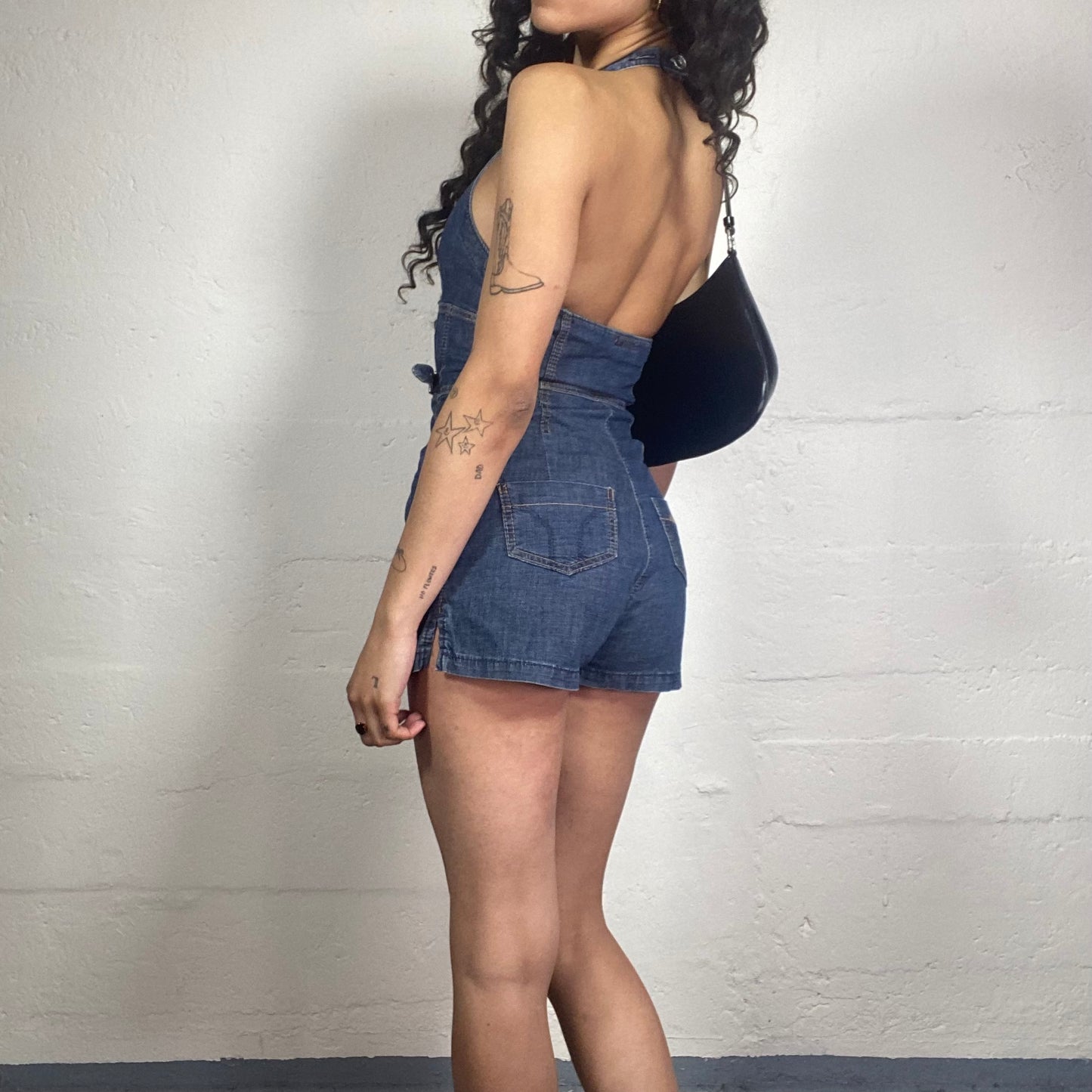 Vintage 2000's Miss Sixty Downtown Girl Classic Blue Denim Shorts Belted Neckholder Jumpsuit (S)