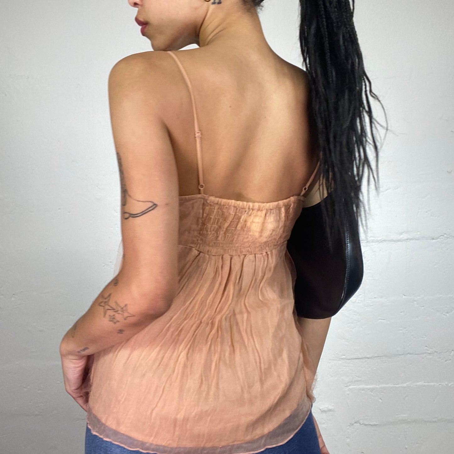 Vintage 2000's Morgan Princess Nude Pink Chiffon Layered Cami Top with Silver Sequin Embroidery (M)