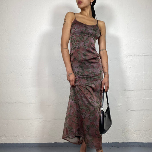 Vintage 2000's Boho Girl Dirty Pink Cami Mesh Maxi Dress with Floral Print (S)