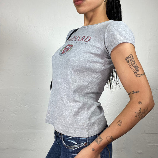 Vintage 2000's School Girl Light Grey Baby Tee with Harvard Red Print (S)