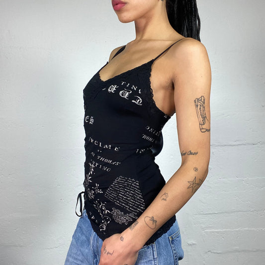 Vintage 2000's Grunge White Typography Print Black Cami Top with Lace Trim and Side Rubber Line (M)