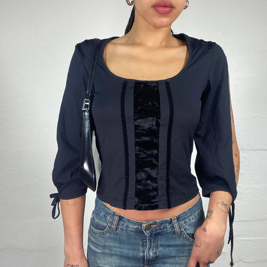 Vintage 2000's Downtown Girl Black 2/4 Sleeve Velour Stripes with Cut Sleeves (M)