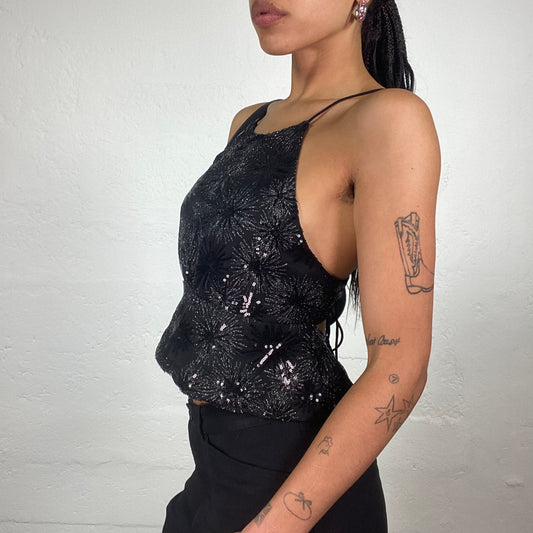 Vintage 2000’s Clubwear Black Chiffon Doll Fit Crop Top with Silver Shiny Print and Open Back (M)