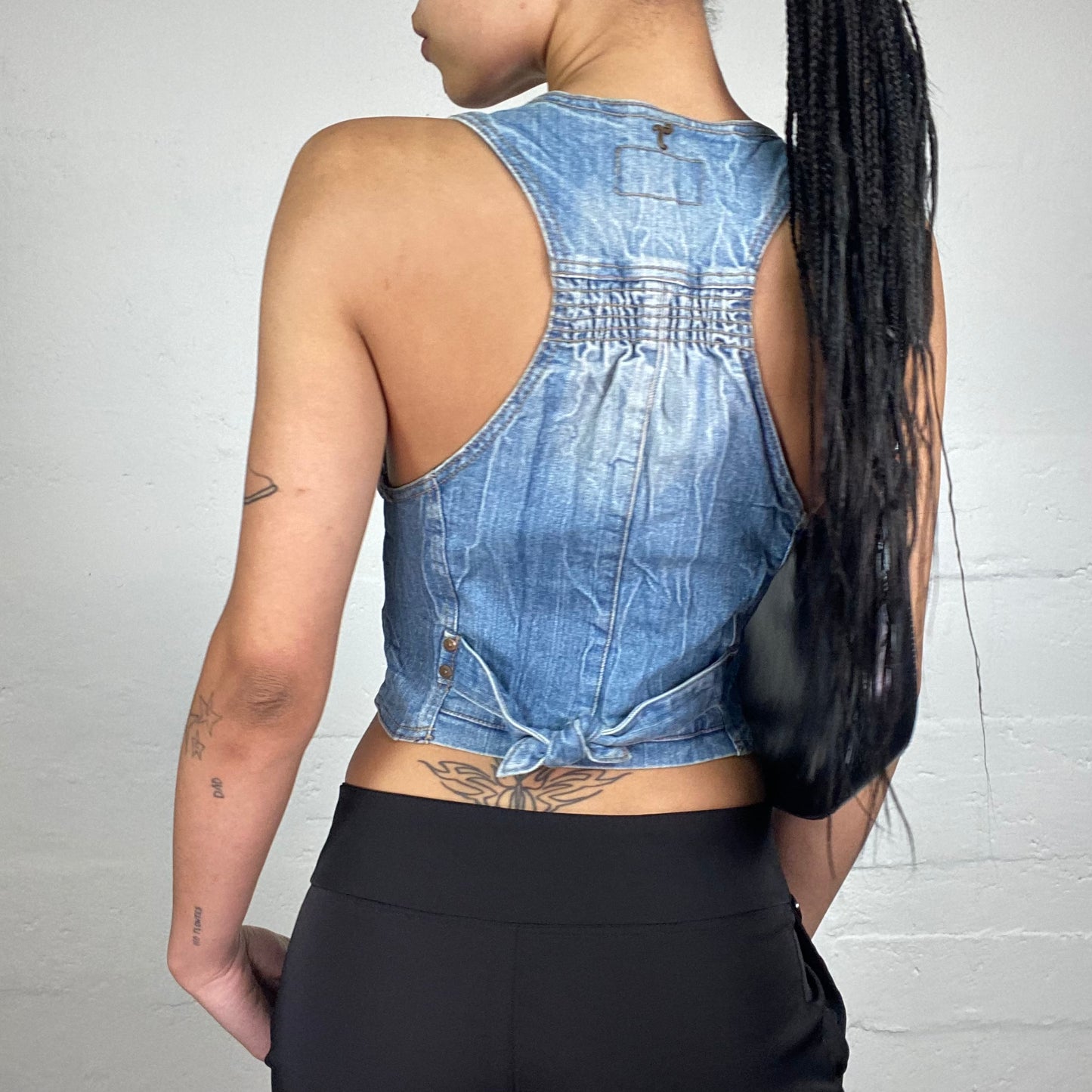 Vintage 2000's Xtina Washed Out Blue Denim Button Up Vest Top (S)
