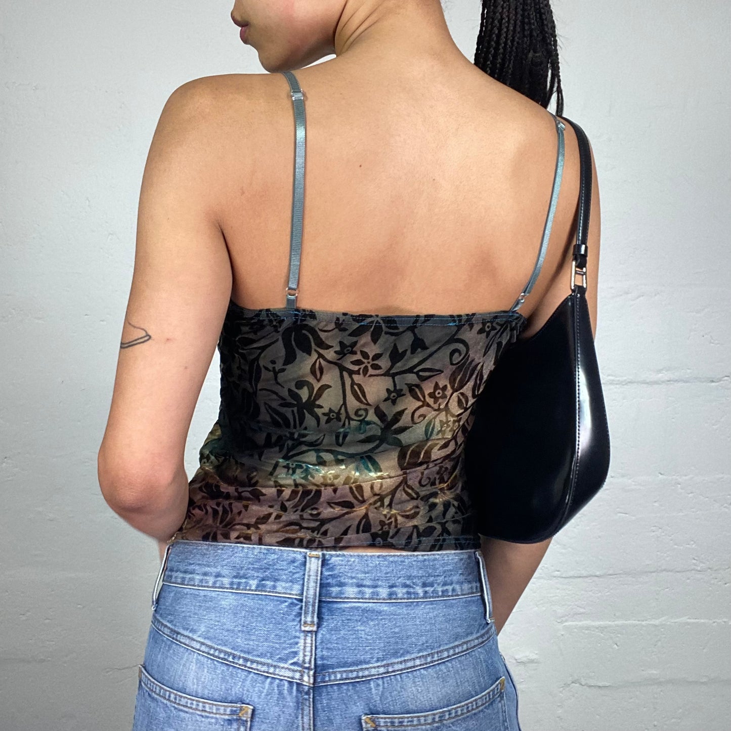 Vintage 2000's Dark Boho Chameleon Coloured Boho Print Cami Top with Blue Lace and Rhinestones Decoration (S)
