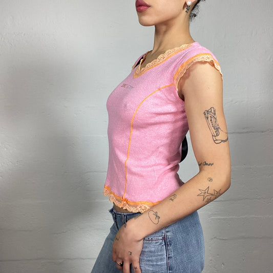 Vintage 2000's Soft Girl Pink Jersey Tee with Micro Sleeves and Orange Lace Decorations (L)