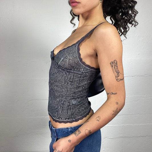Vintage 2000's Boho Black Printed Cami Top with Tiny Ribbon Detail (XS)