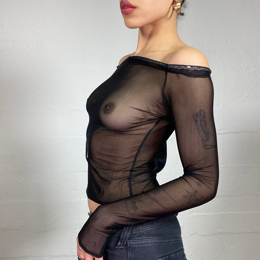 Vintage 2000's Grungy Black Mesh See-Through Off Shoulder Longsleeve Top (S)