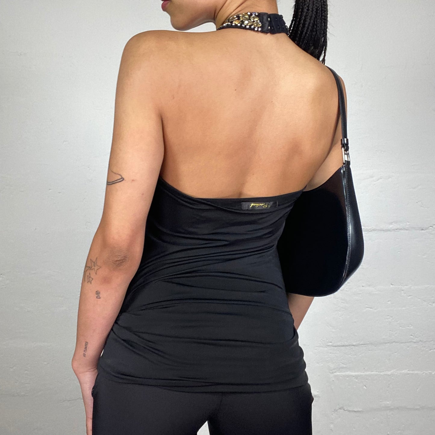 Vintage 2000's Glamorous Dinner Black Draped Neckholder Top with Golden Stones and Sequins Decorated Neck (S)