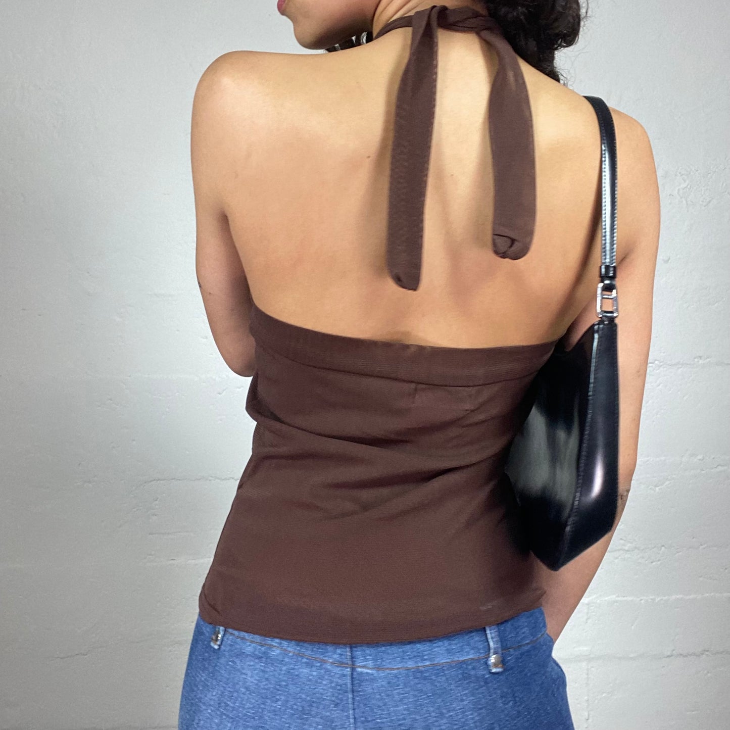 Vintage 2000's Summer Date Brown Jersey Neckholder Top with Multiple Floral Sequins Embroidery (XL/XXL)