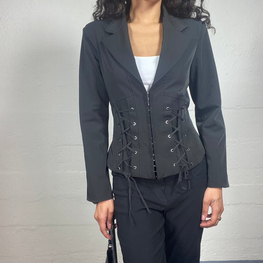 Vintage 2000's Grungy Black Zip Up Boxy Fit Blazer With Symmetric Lacing Up Details (L)