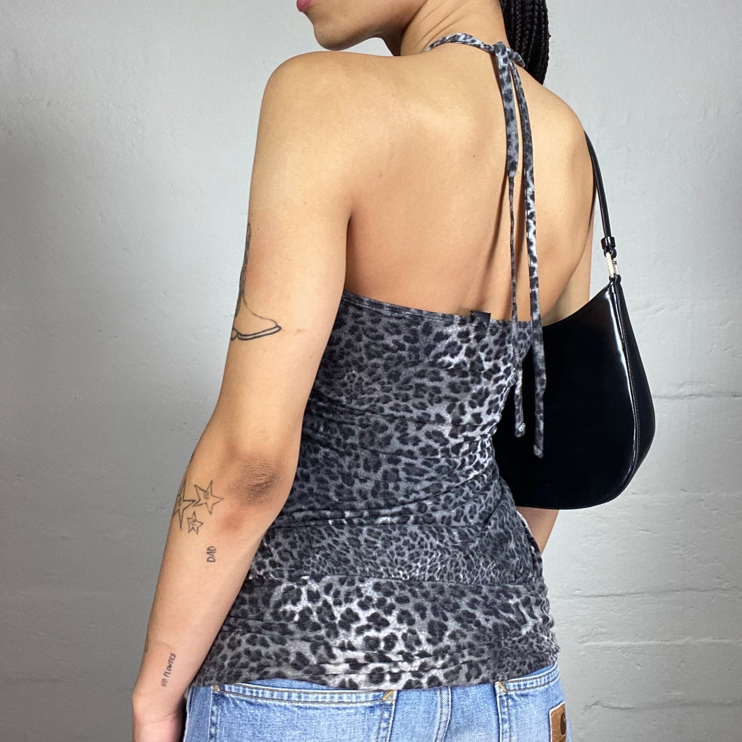 Vintage 2000's Glamorous Blue and Grey Leo Print Draped Neckholder Top with Shiny Silver Detail (XS)