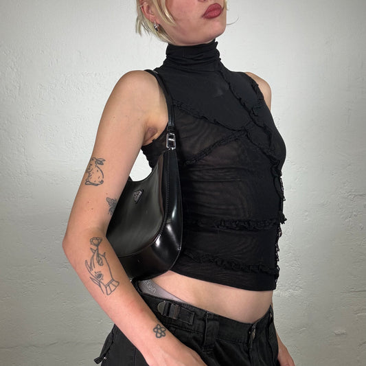 Vintage 2000's Grunge Black Sleeveless Turtleneck Top with Ruffle Patchwork Seam Details (M)