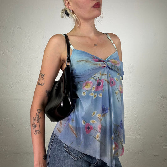 Vintage 2000's Soft Girl Pastel Blue Chiffon Baby Doll Blouse with Flower Bouquet Print (S)