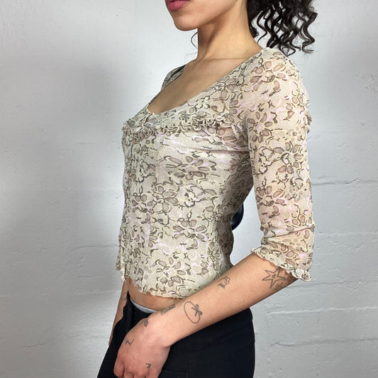 Vintage 2000's Romantic Summer Mesh Cardigan Style Top with Floral Print (S)