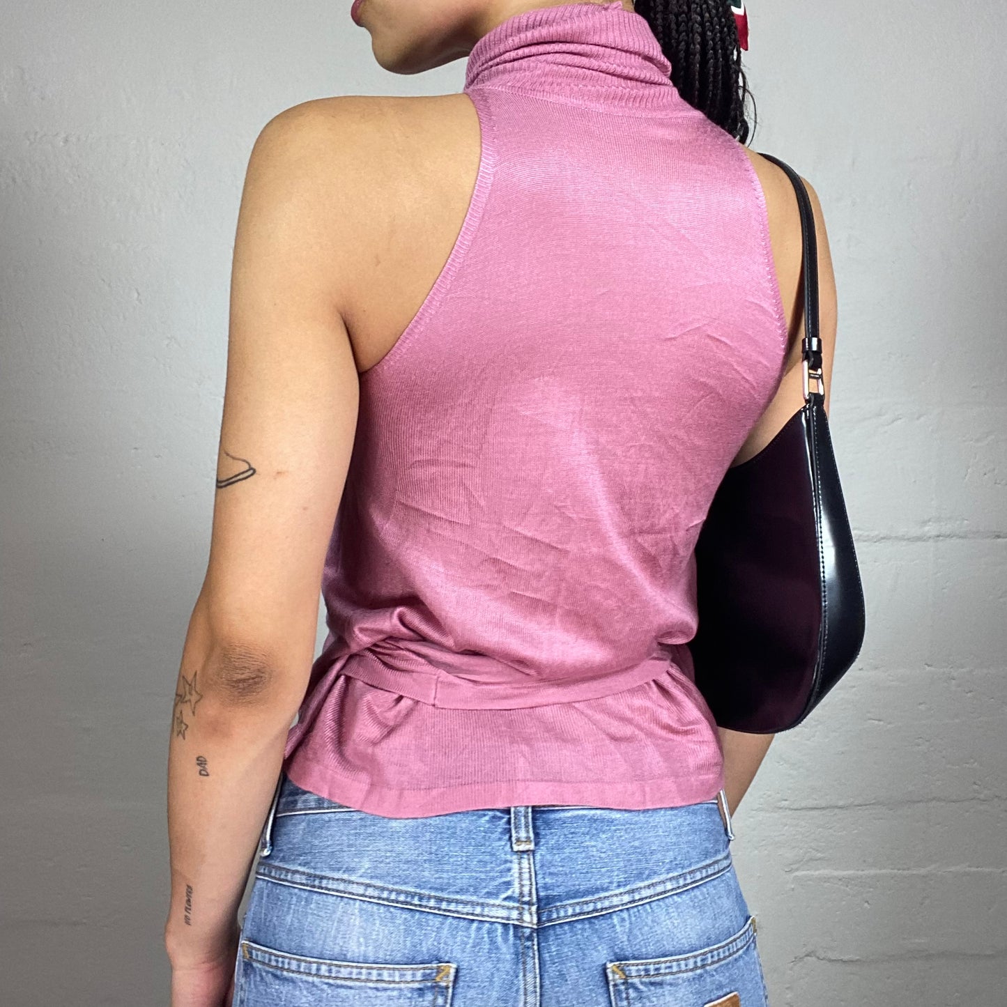 Vintage 2000's Romantic Pink Turtleneck Sleeveless Sheer Knit Wrapped Top with Side Binding (M)