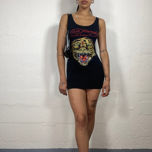 Vintage 2000’s Ed Hardy Biker Girl Black Mini Tank Dress with Shiny Tiger Print and Logo (S)