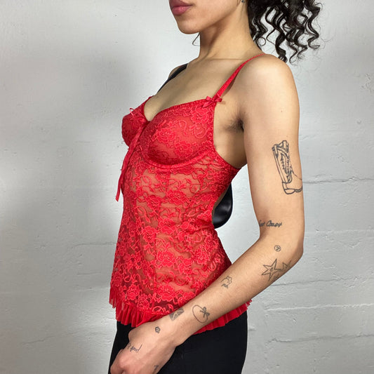 Vintage 2000's Femme Fatale Red Lace Lingerie Style Cami Top with Open Back (S)