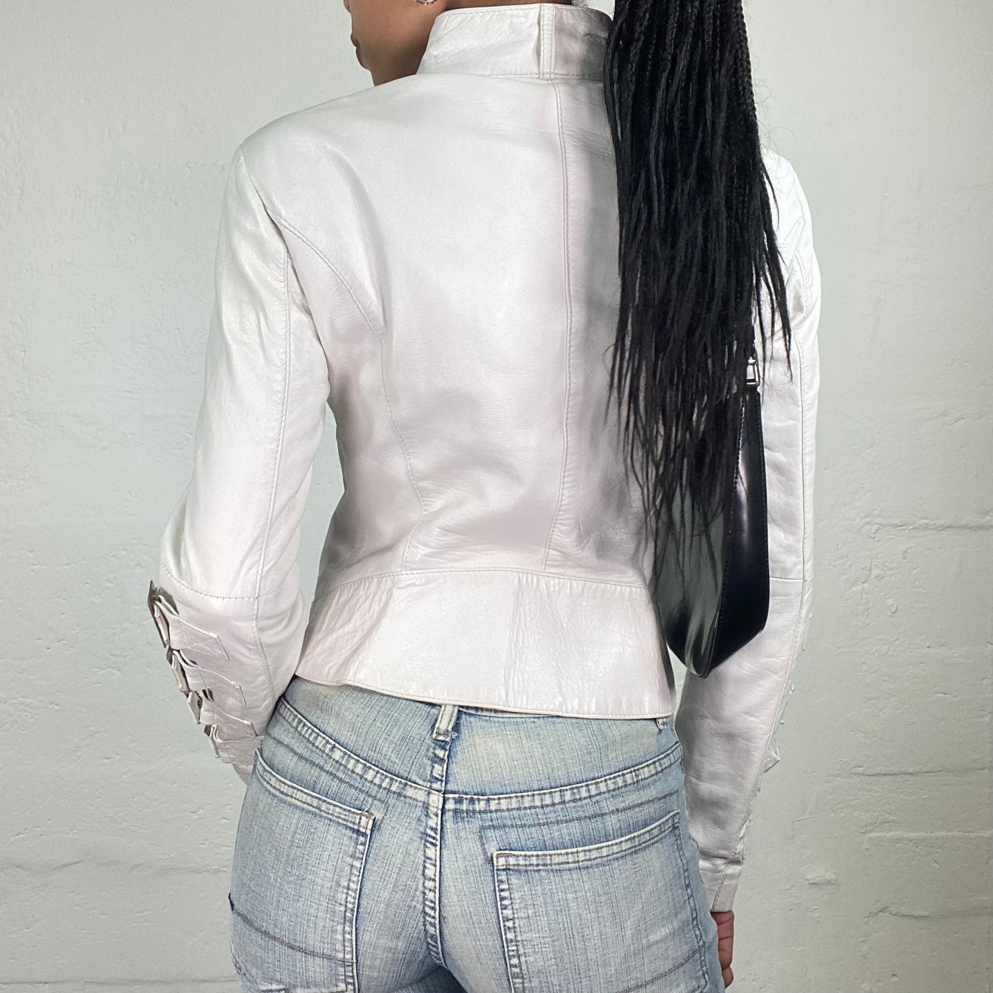 Vintage 2000’s Biker Girl White Leather Zip Up Jacket with Belt Sleeve Details (M)