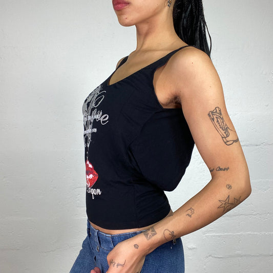 Vintage 2000's Morgan Y2K Clubwear Printed Black Joy Can Be Found Top with Red Accent and Open Back (S)