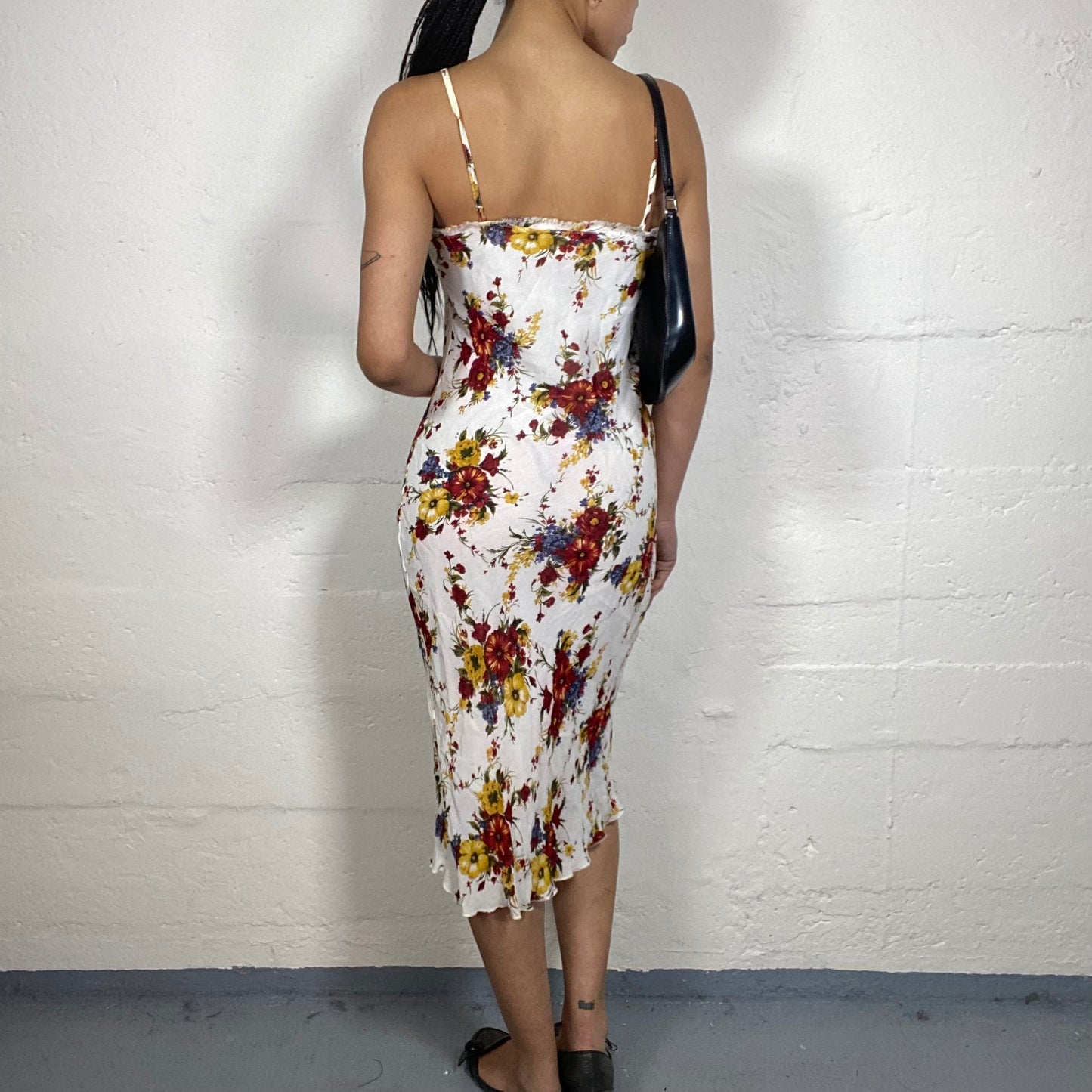 Vintage 2000's Romantic White Linen Midi Cami Dress with Red and Yellow Flowers Print (L)