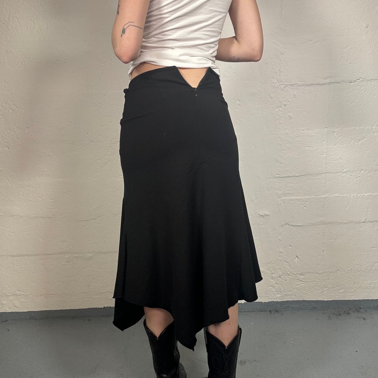 Vintage 2000's Boho Girl Black Asymmetric Midi Skirt with Wooden Ring Detail (XS)
