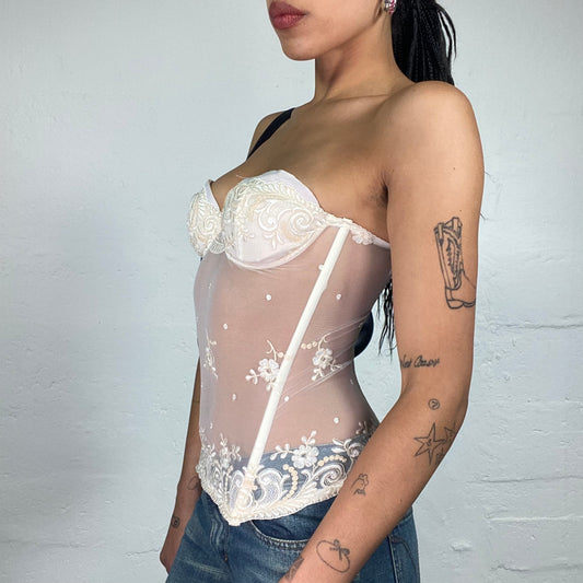 Vintage 2000's Soft Girl Bridal Look White Mesh See Through Corset with Floral Embroidery (S)