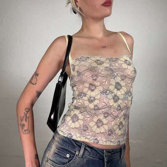 Vintage 2000's Soft Girl Creamy Colour Grey Lace Decorated Cami Top (S)