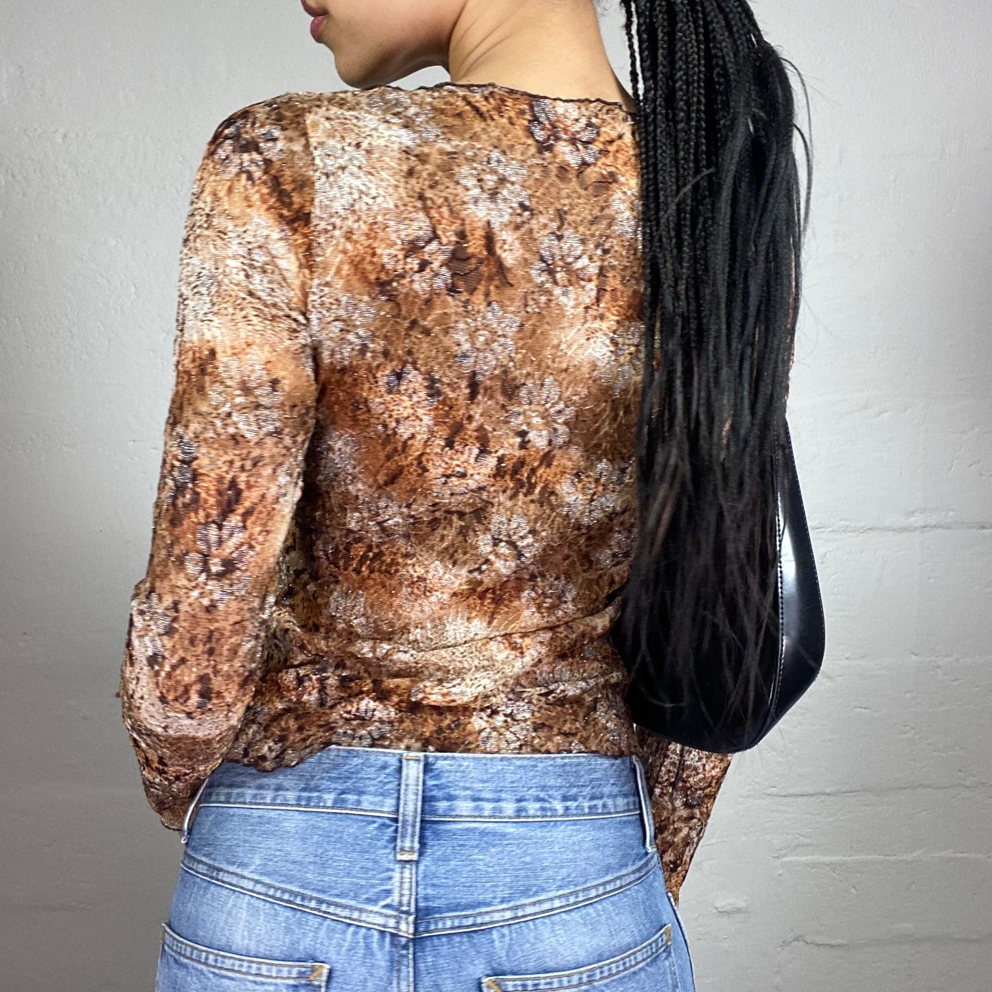 Vintage 2000's Downtown Girl Brown and Beige Lace Longsleeve Top (S)