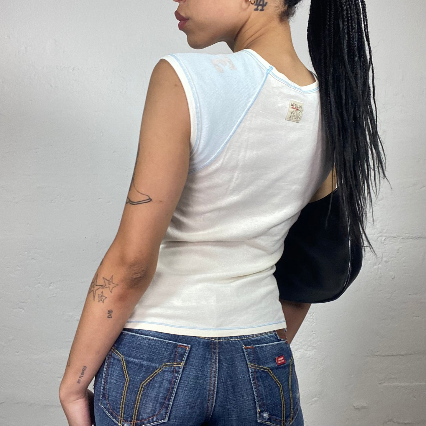 Vintage 2000's Downtown Girl White and Baby Blue Tank Top with Play With Your Life Typography Print (M)