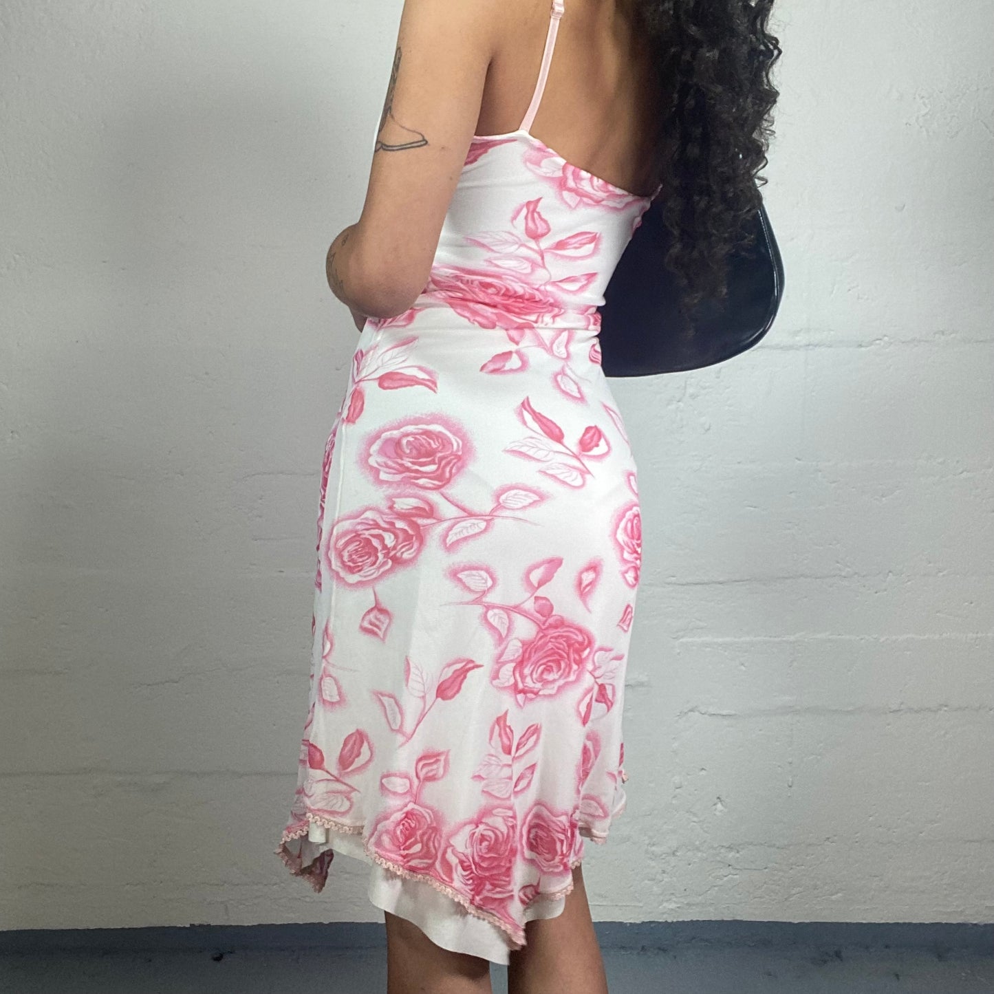 Vintage 2000's Romantic White Flowy Chiffon Asymmetric Cami Dress with Pink Roses Print (S)