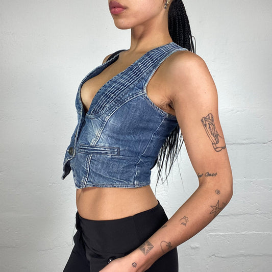 Vintage 2000's Hip-Hop Blue Denim Button Up Cropped Vest Top (XS)