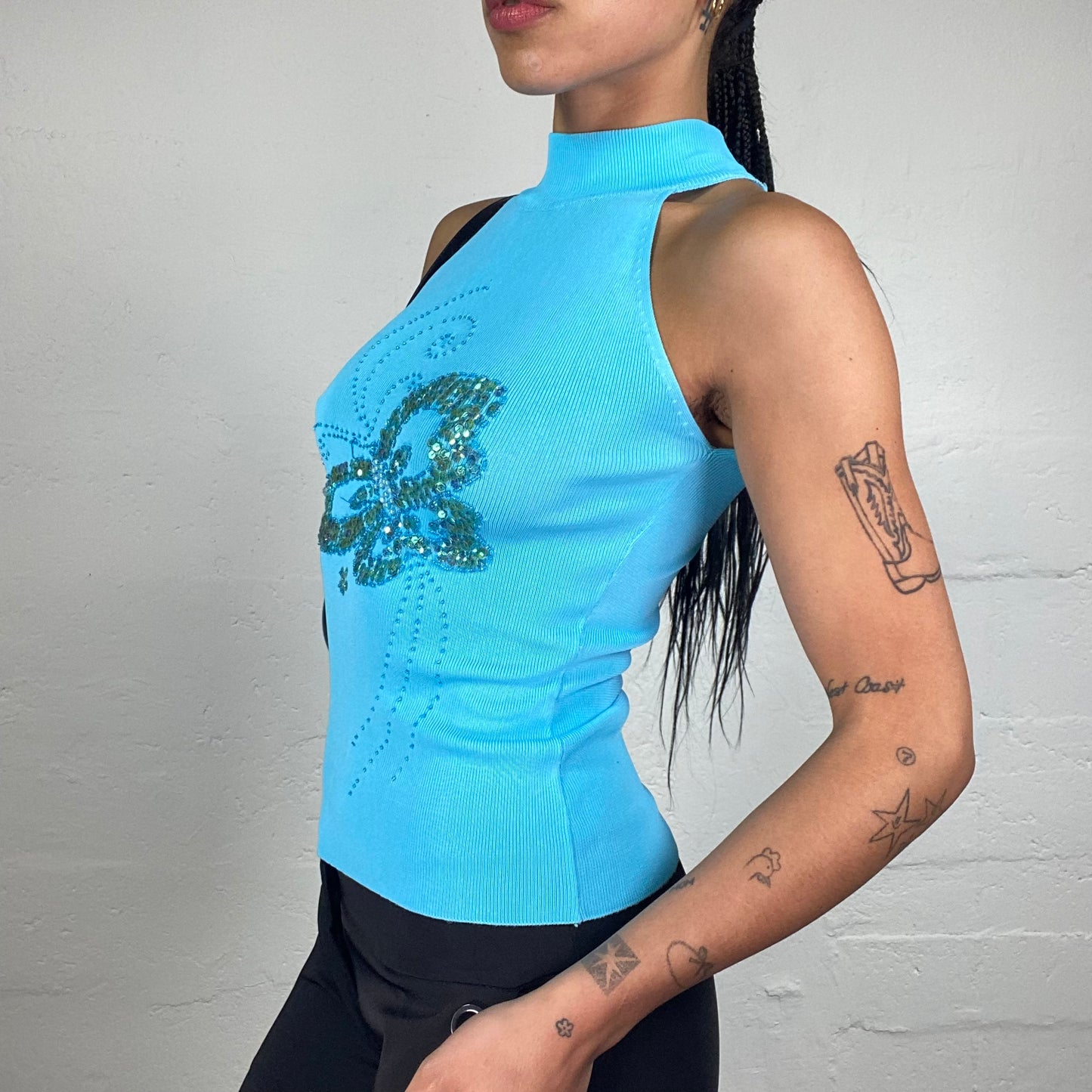 Vintage 2000's Summer Aquamarine Turtleneck Sleeveless Jersey Top with Sequin Butterfly Embroidery (S)