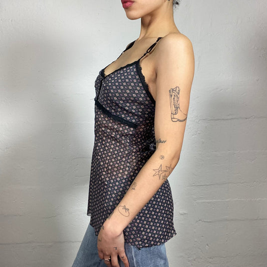 Vintage 2000's Romantic See Through Shiffon Printed Cami Top with Lace Trim (S)