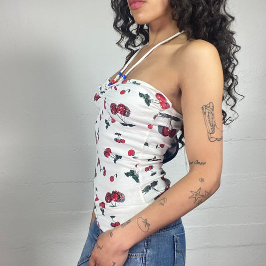Vintage 2000's Summer White Neckholder Top with Cherry Printed Top (S/M)