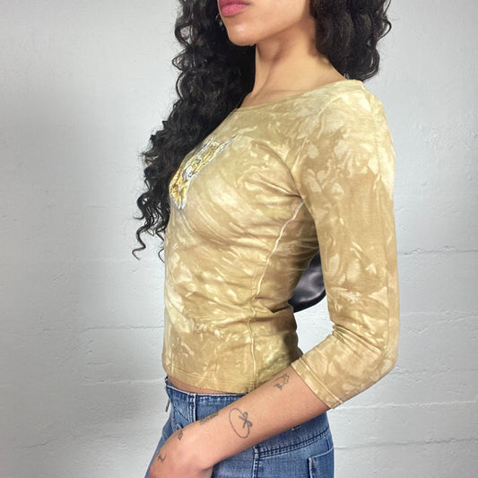 Vintage 2000's Downtown Girl Sand Colour 3/4 Sleeve Tie Dye Effect with Animal Print (S)
