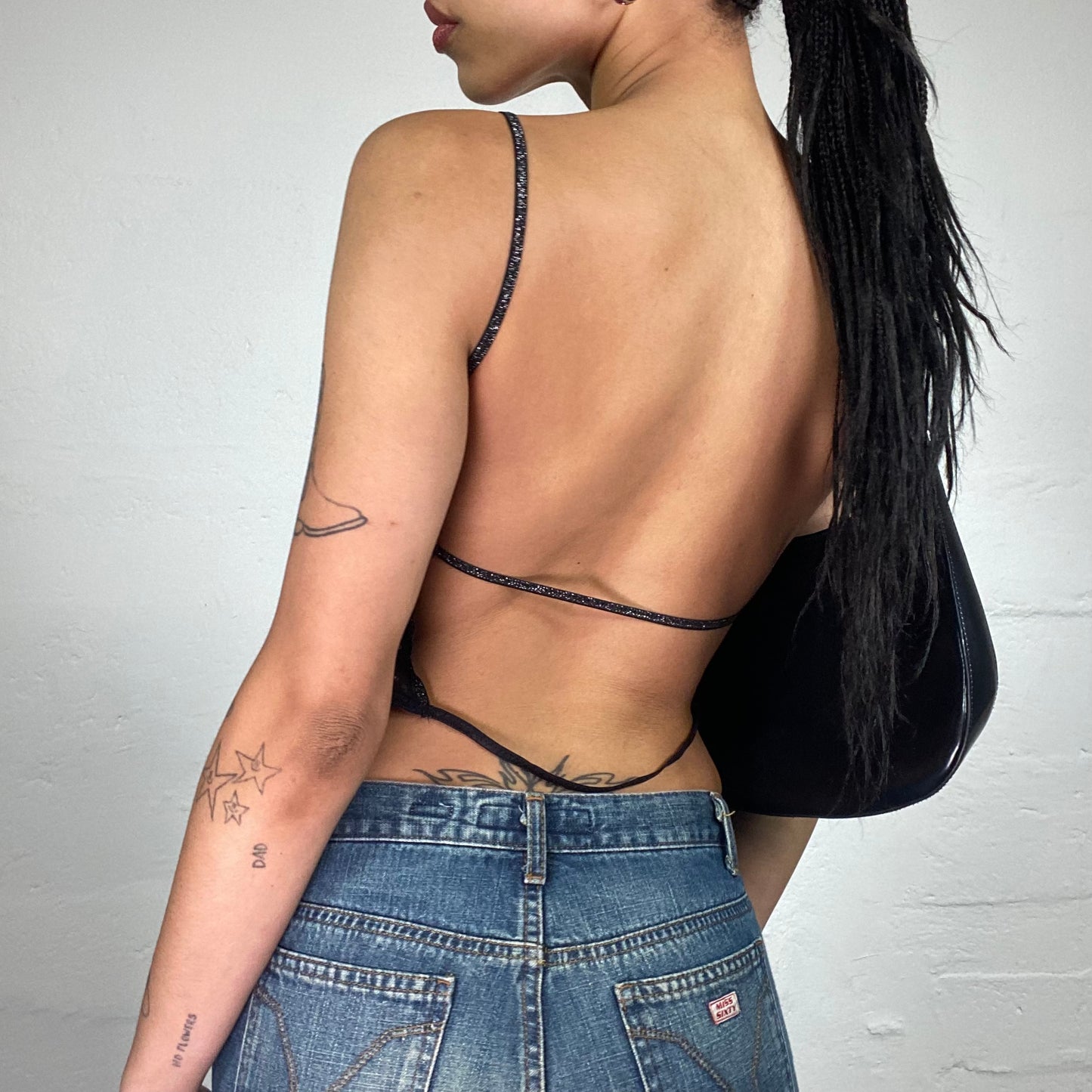 Vintage 2000's Clubwear Black Cropped See Through Top with Silver Shiny Patches and Open Back (S)