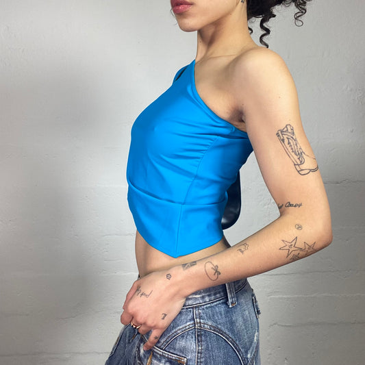 Vintage 2000's Chic Girl Aquamarine Blue Asymmetric One Shoulder Top (S)