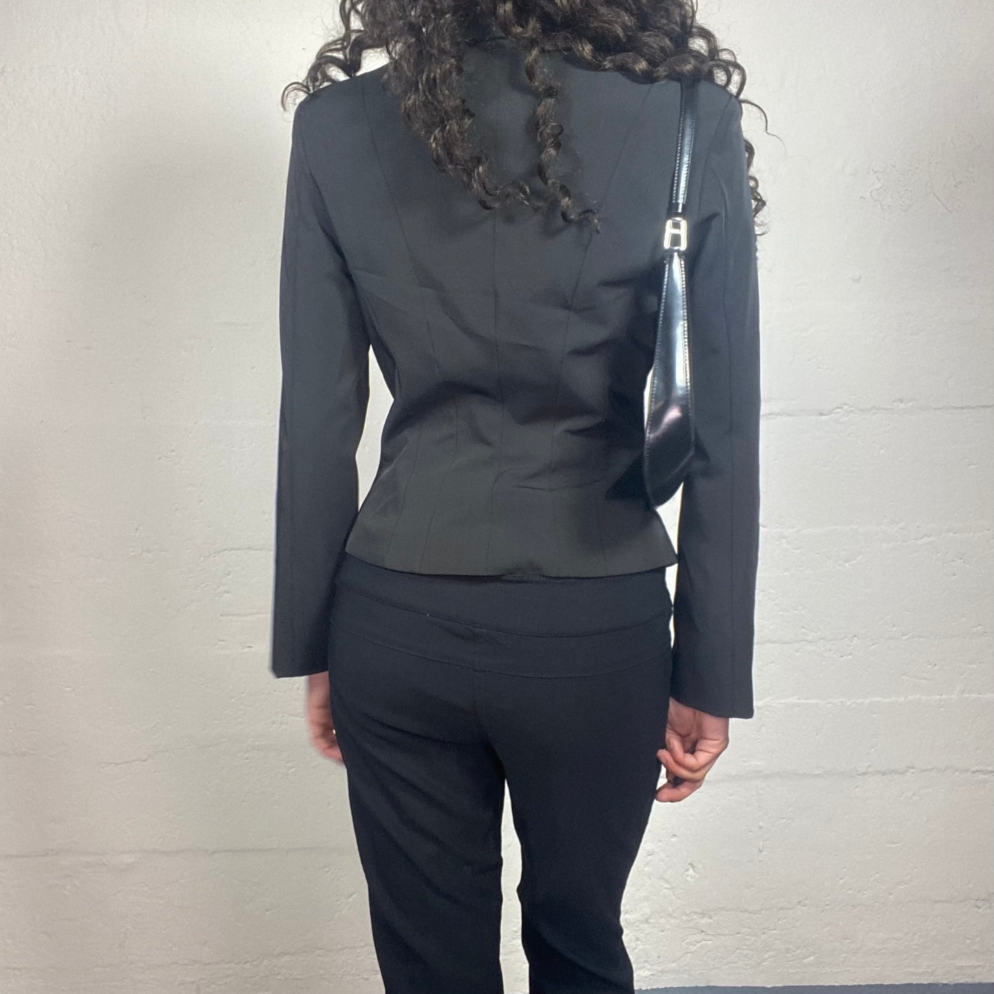 Vintage 2000's Grungy Black Zip Up Boxy Fit Blazer With Symmetric Lacing Up Details (L)