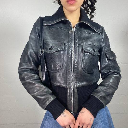 Vintage 2000's Guess Grunge Black Leather Bomber Jacket with Rubber Cut Ins (S)