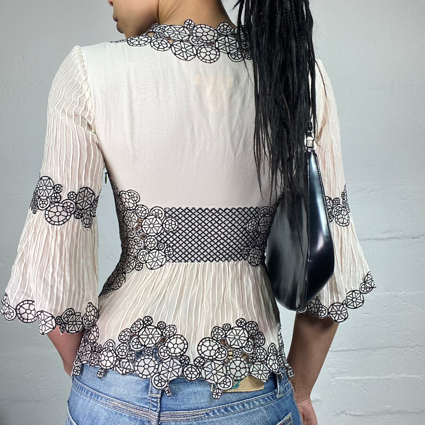Vintage 2000's Catherine Malandrino Romantic Ivory Pleated Chiffon Shirt with Black and White Floral Lace Decor (M)