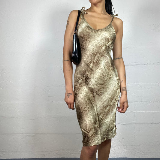 Vintage 2000's Glamorous Beige Toned Snake Skin Effect Printed Knee Length Cami Dress (M)