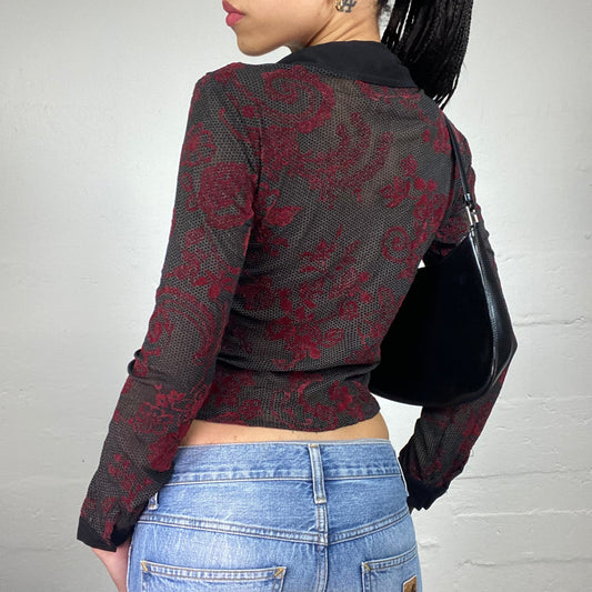 Vintage 2000's Gothic Black Mesh Button Up Collared Shirt with Dark Red Boho Print (L)
