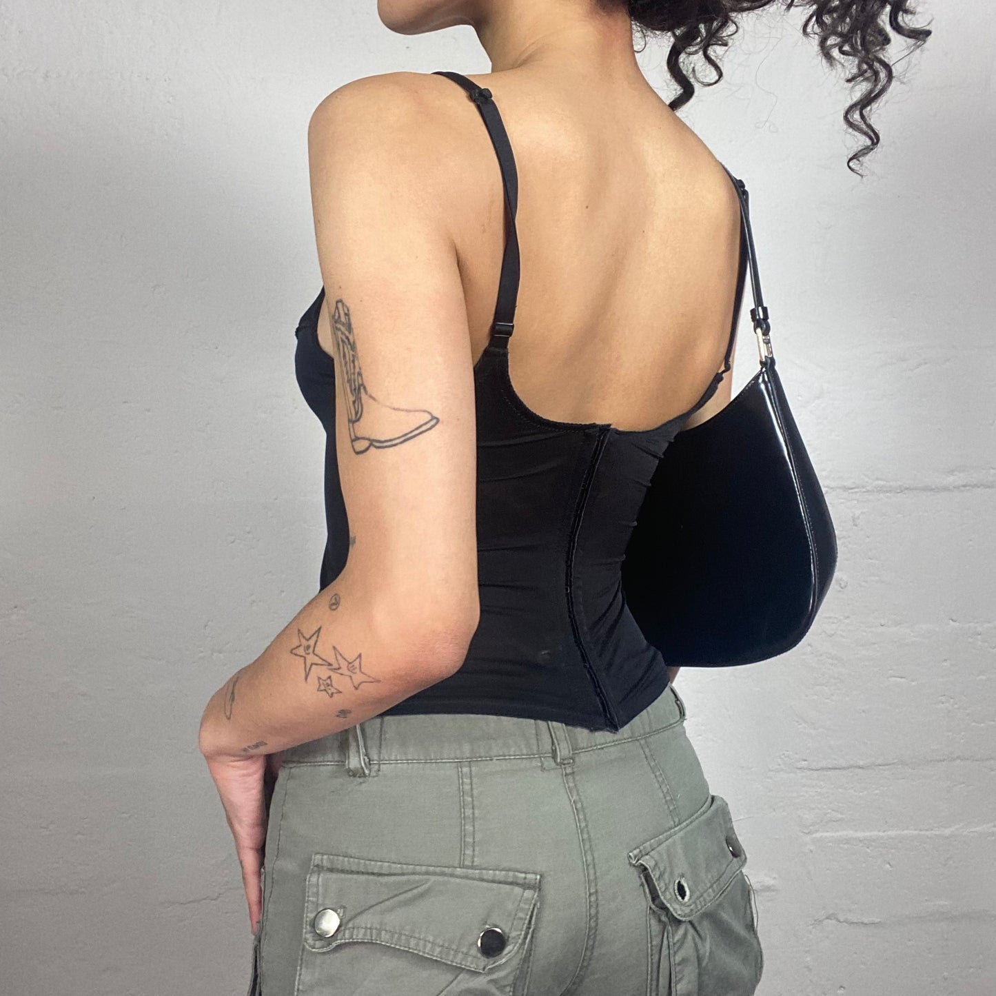Vintage 2000's Romantic Black Corset Style Cami Top with Beige Floral Embroidery (S)